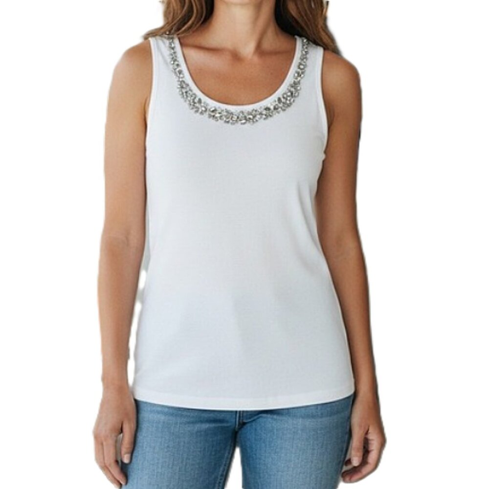 Chico's Brynn white ribbed tank top w/jeweled neck trim size 2